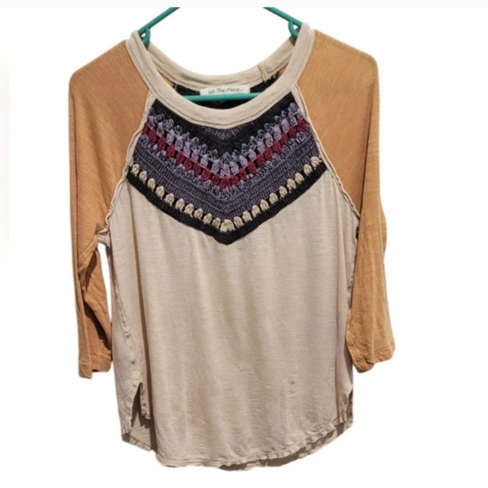 Free People We The Free Spring Bound Long Sleeve Top Small Boho Crochet Yoke Bei - Picture 3 of 12